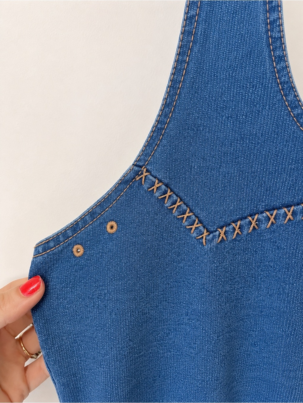 Blue Denim-Inspired Cotton Racerback Tank Dress with Pockets | Boho | Stretchy - Picture 4 of 8
